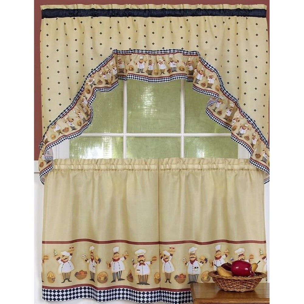 Kitchen Curtains Set: 2 Tiers (28.5"x24") & Swag (57"x30") CUCINA FAT CHEF,Achim
